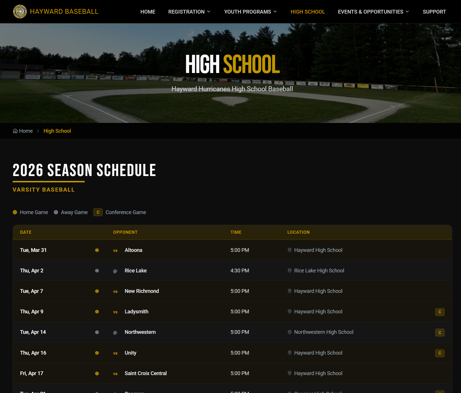 High school baseball schedule page