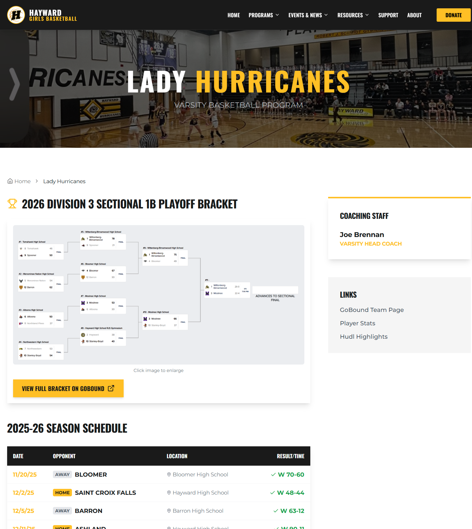 Lady Hurricanes schedule page