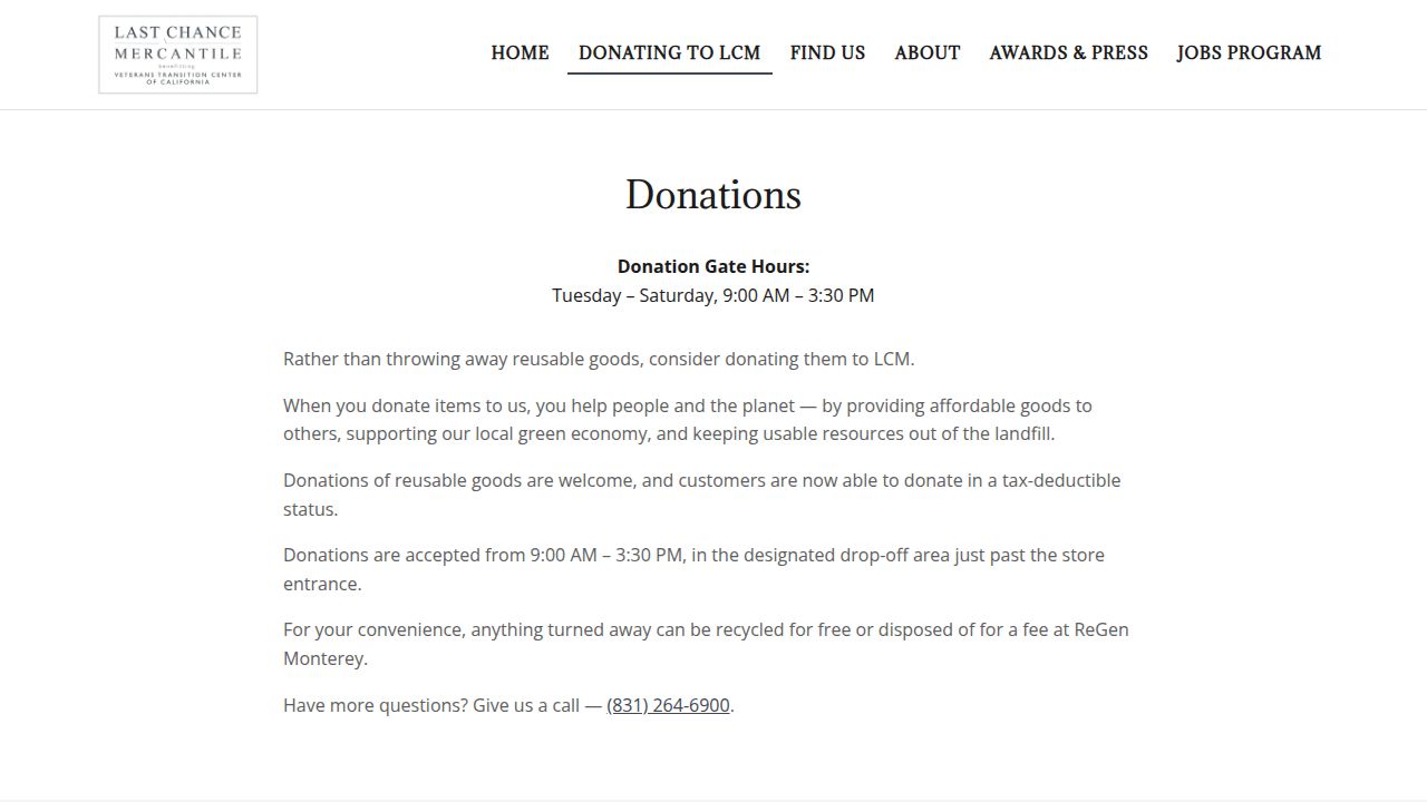 Donations page with gate hours and drop-off info