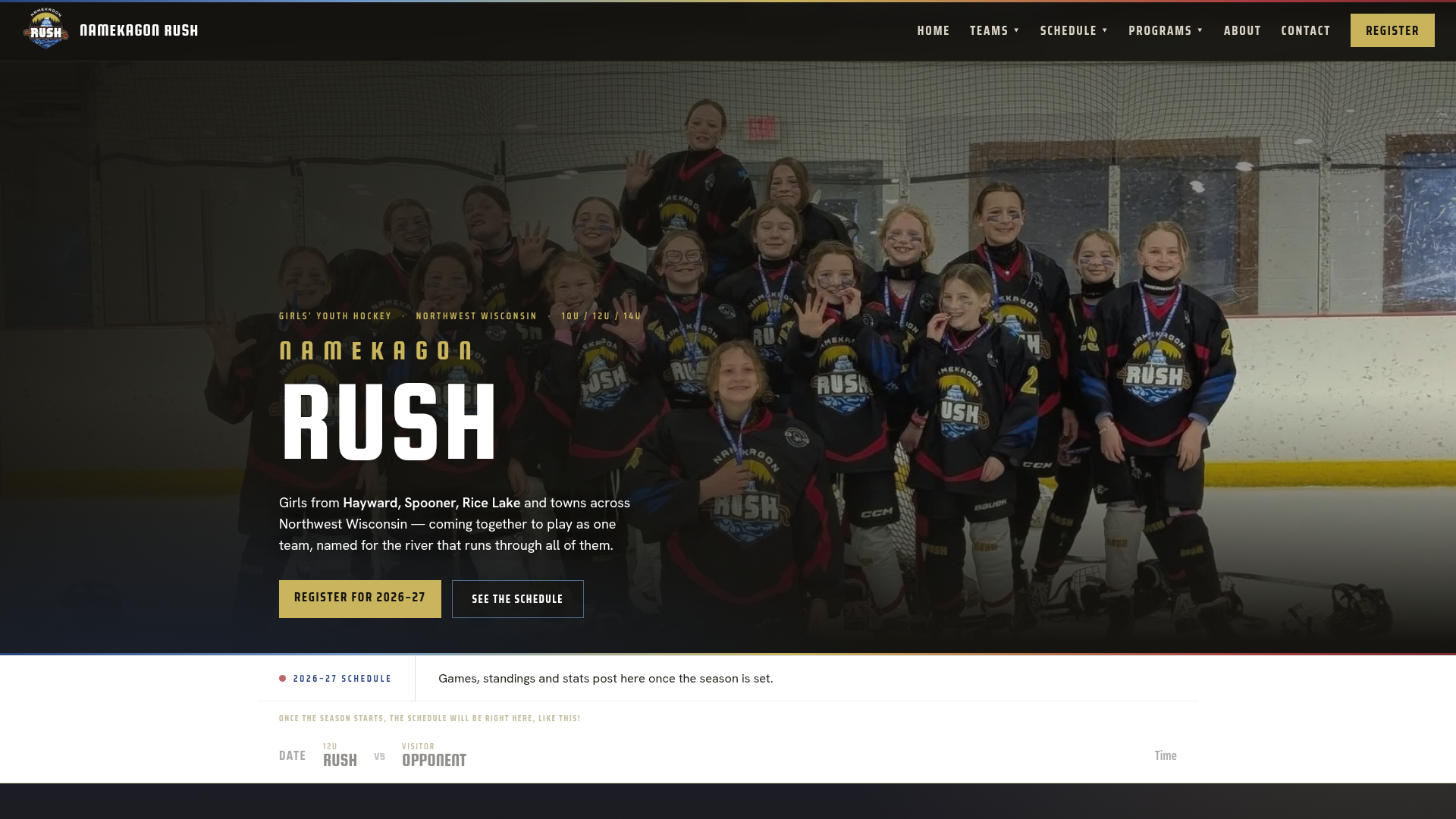 Namekagon Rush homepage with the all-girls' youth hockey team on the ice