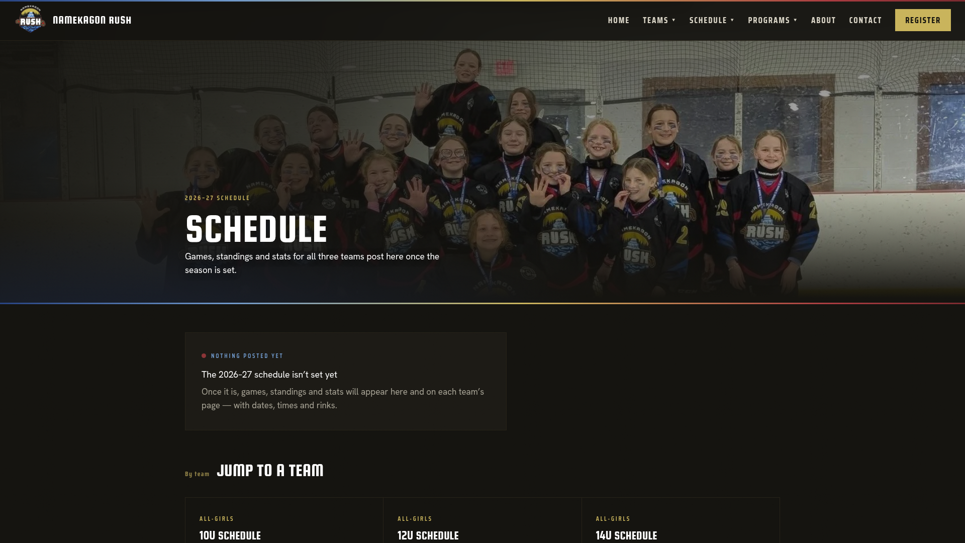 Schedule page where games, standings, and stats post each season