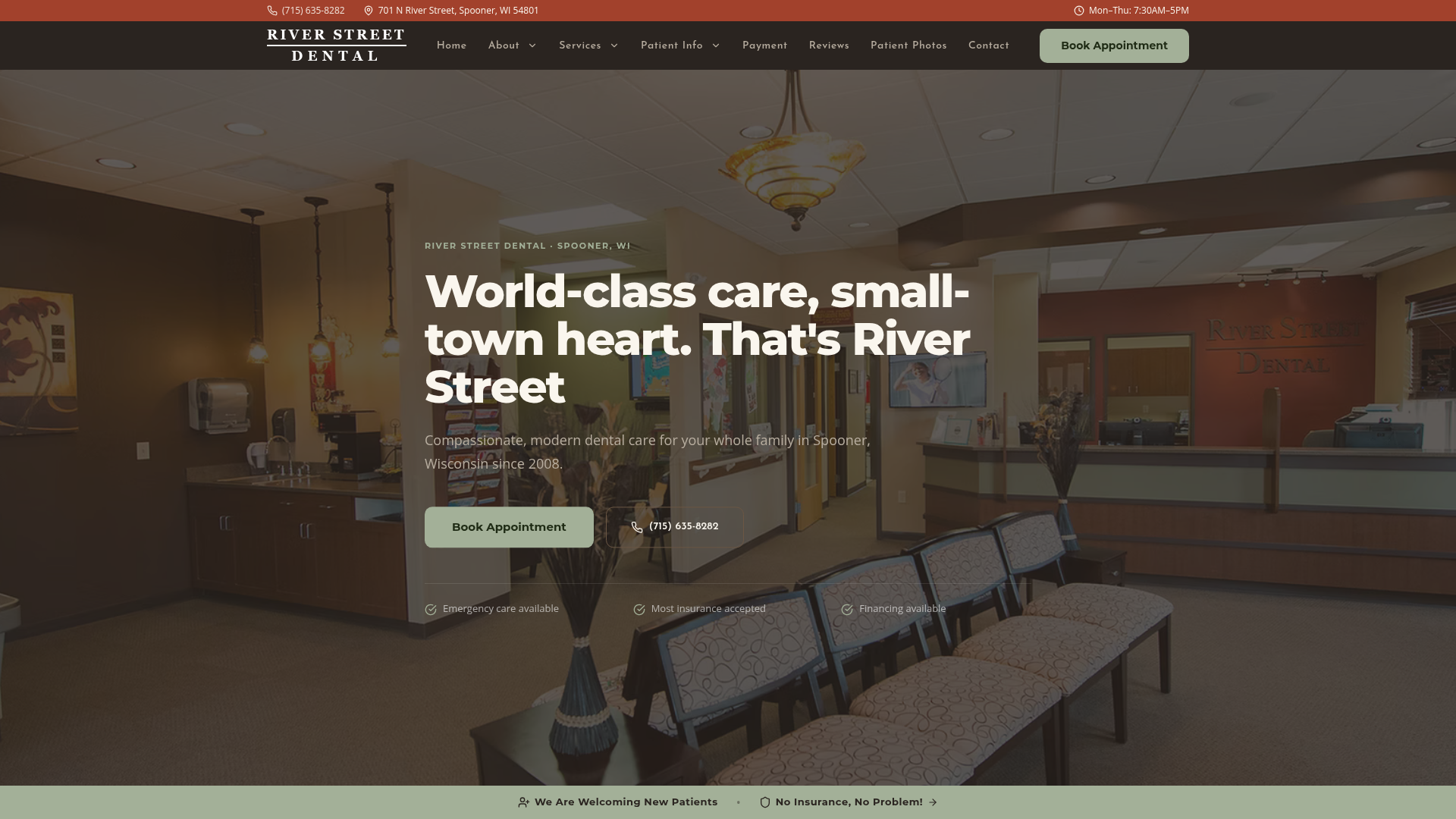 River Street Dental homepage with the practice's welcoming office and booking call-to-action