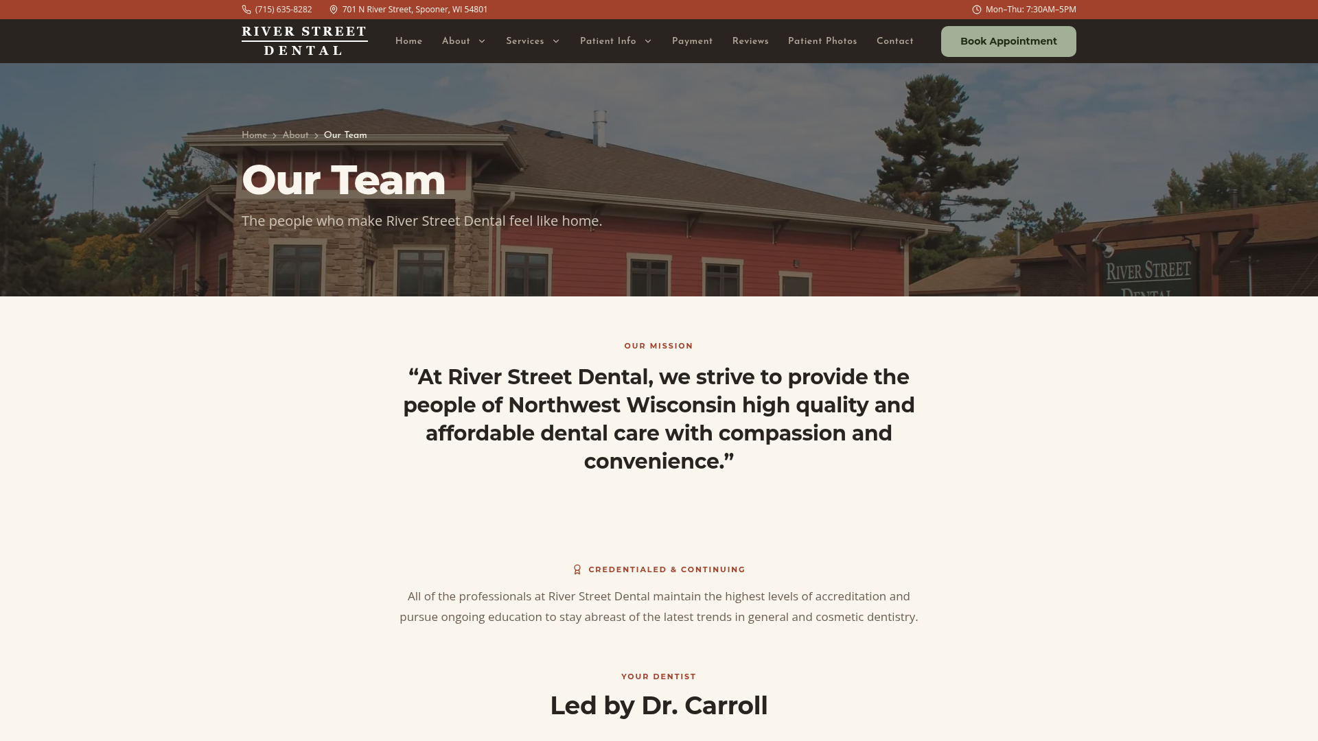 Our Team page introducing the practice and Dr. Carroll