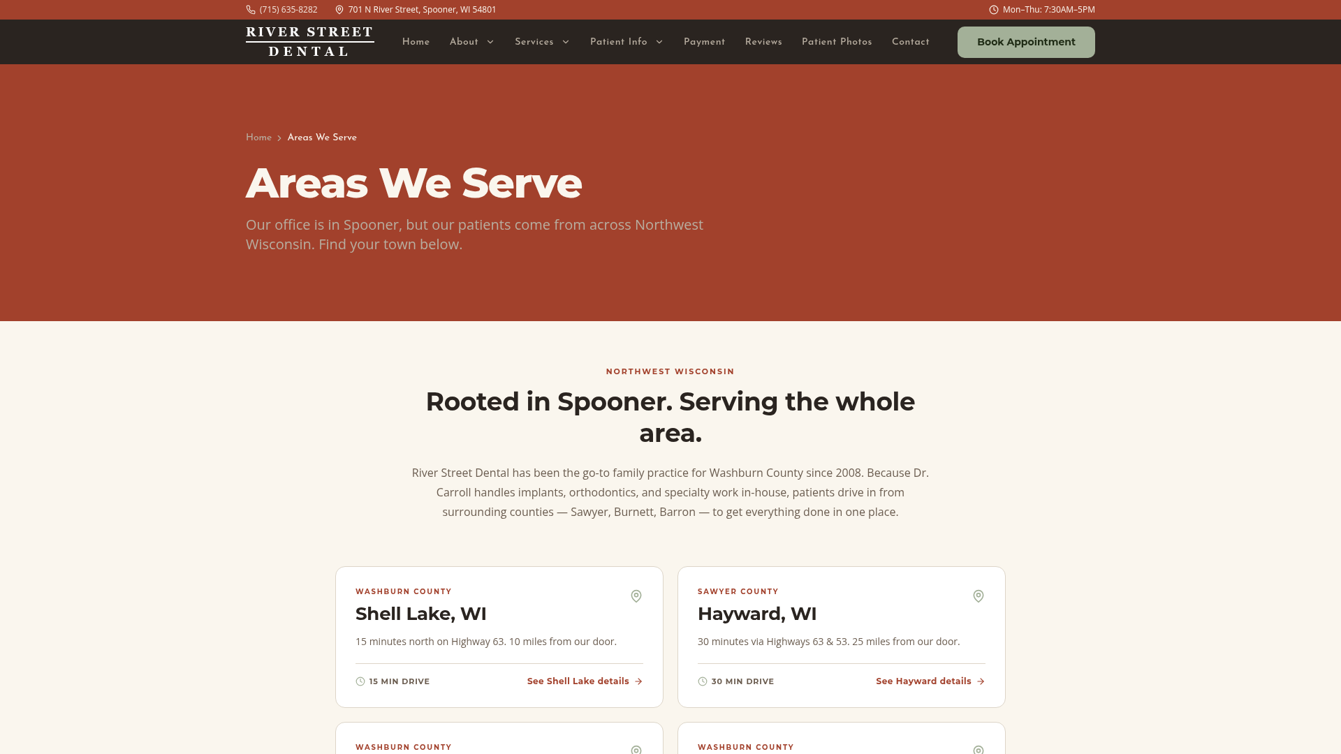 Areas-we-serve page targeting surrounding Northwest Wisconsin towns