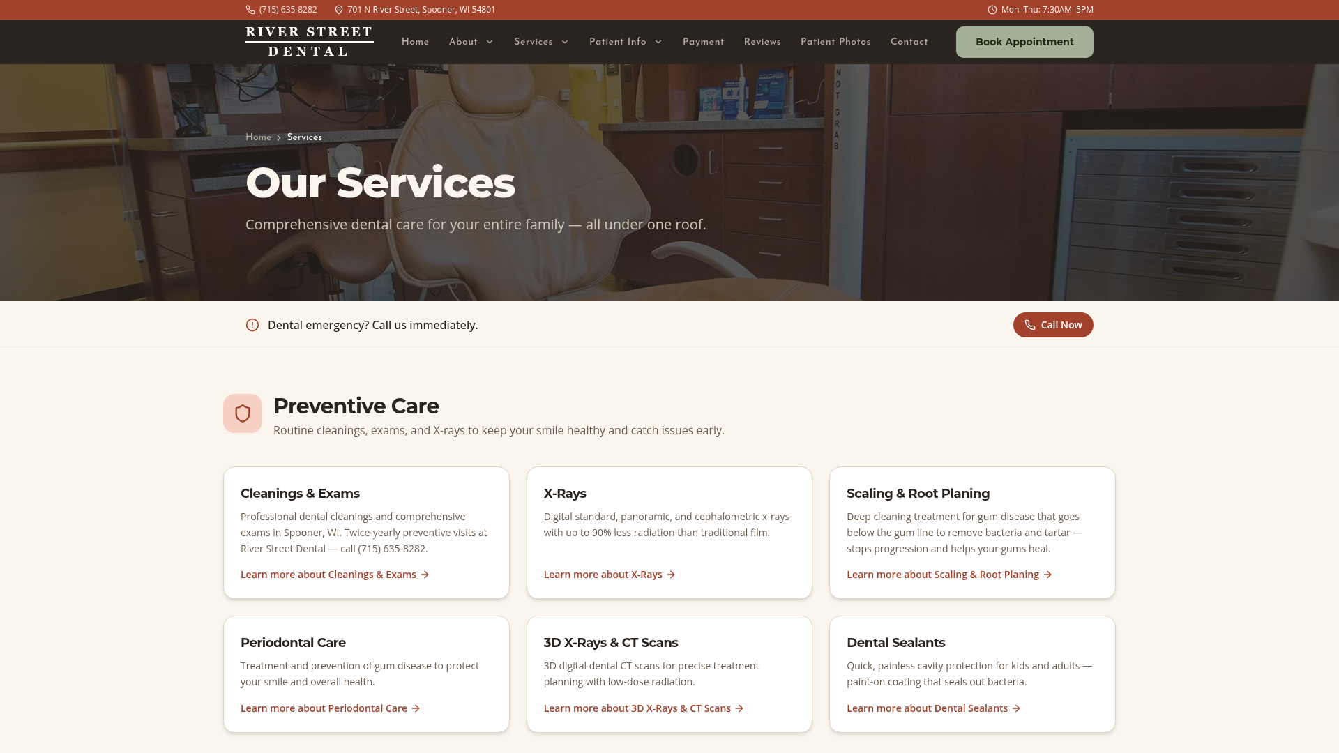 Services overview page grouping preventive, restorative, and cosmetic care