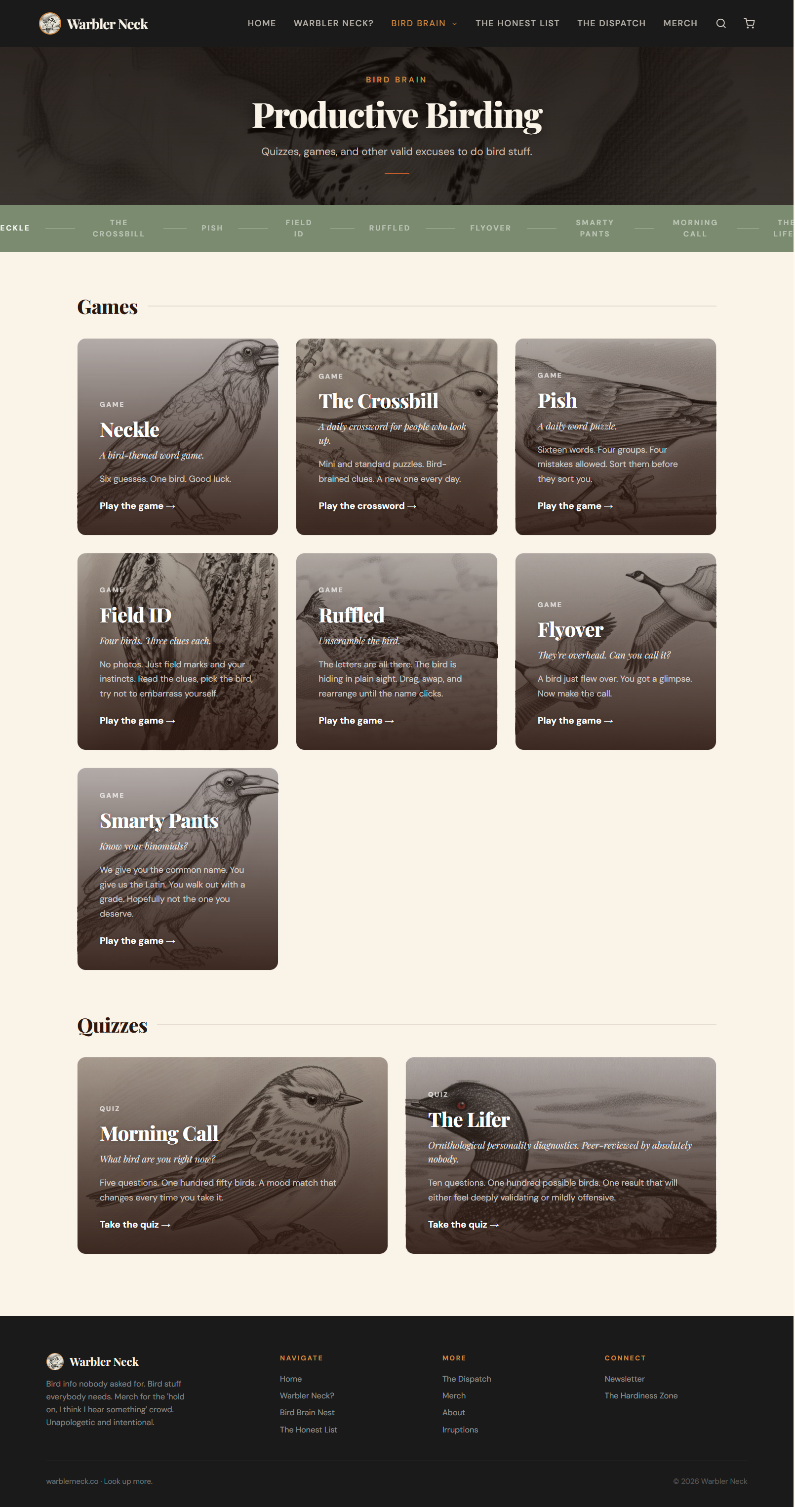 Bird Brain games page on Warbler Neck