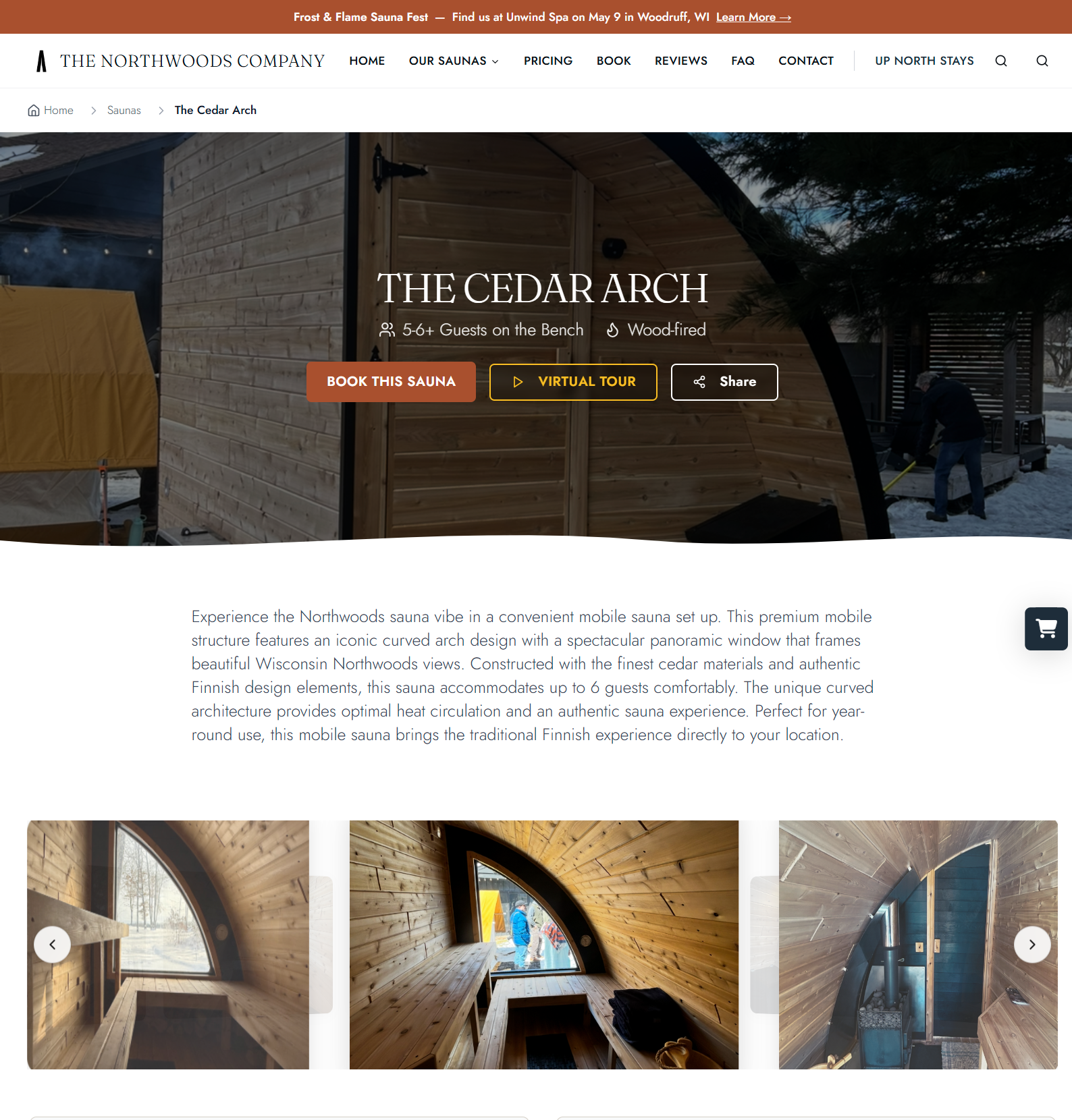 Cedar arch sauna model page with specs and photos