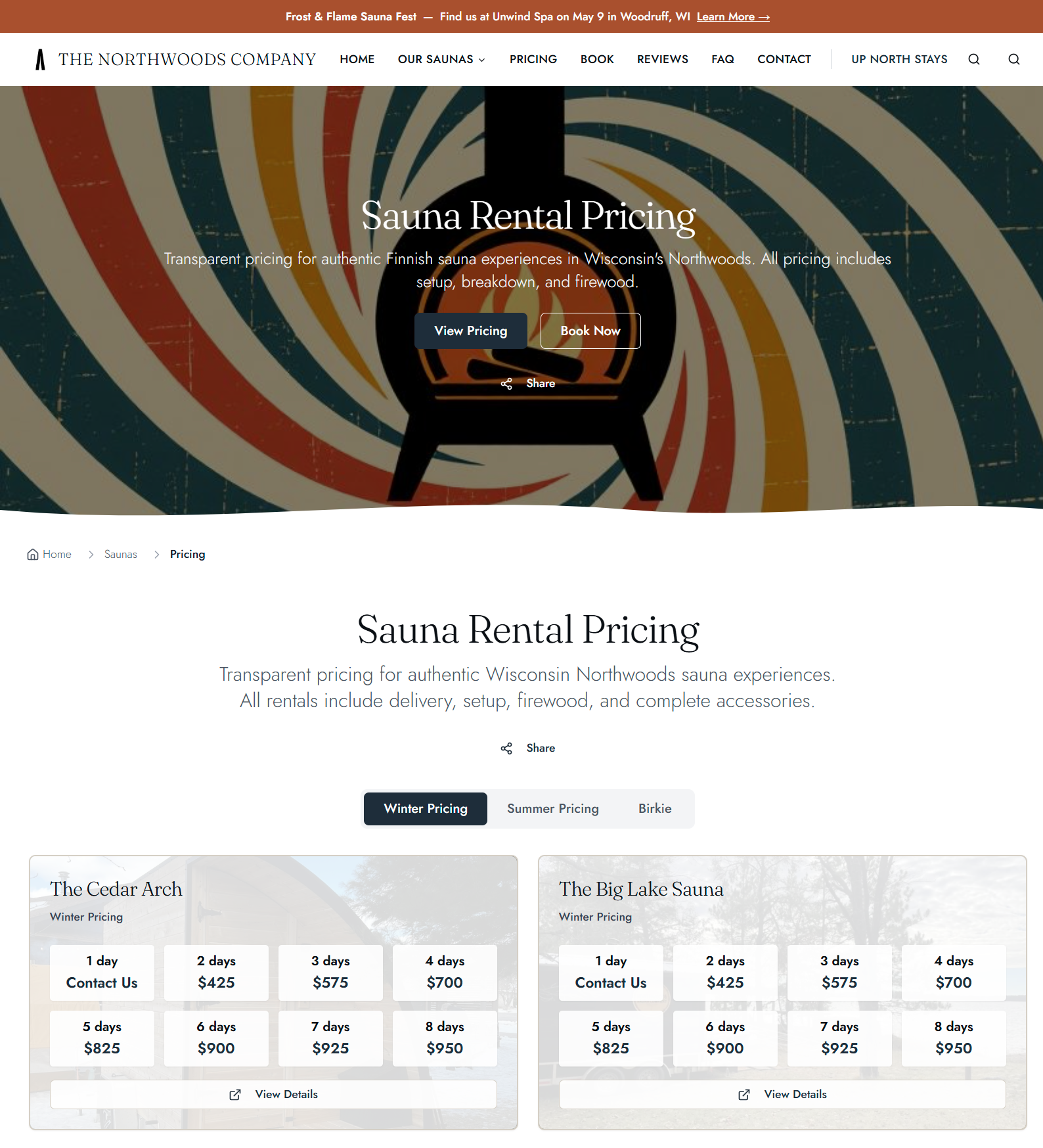 Pricing page with multi-day rental rates