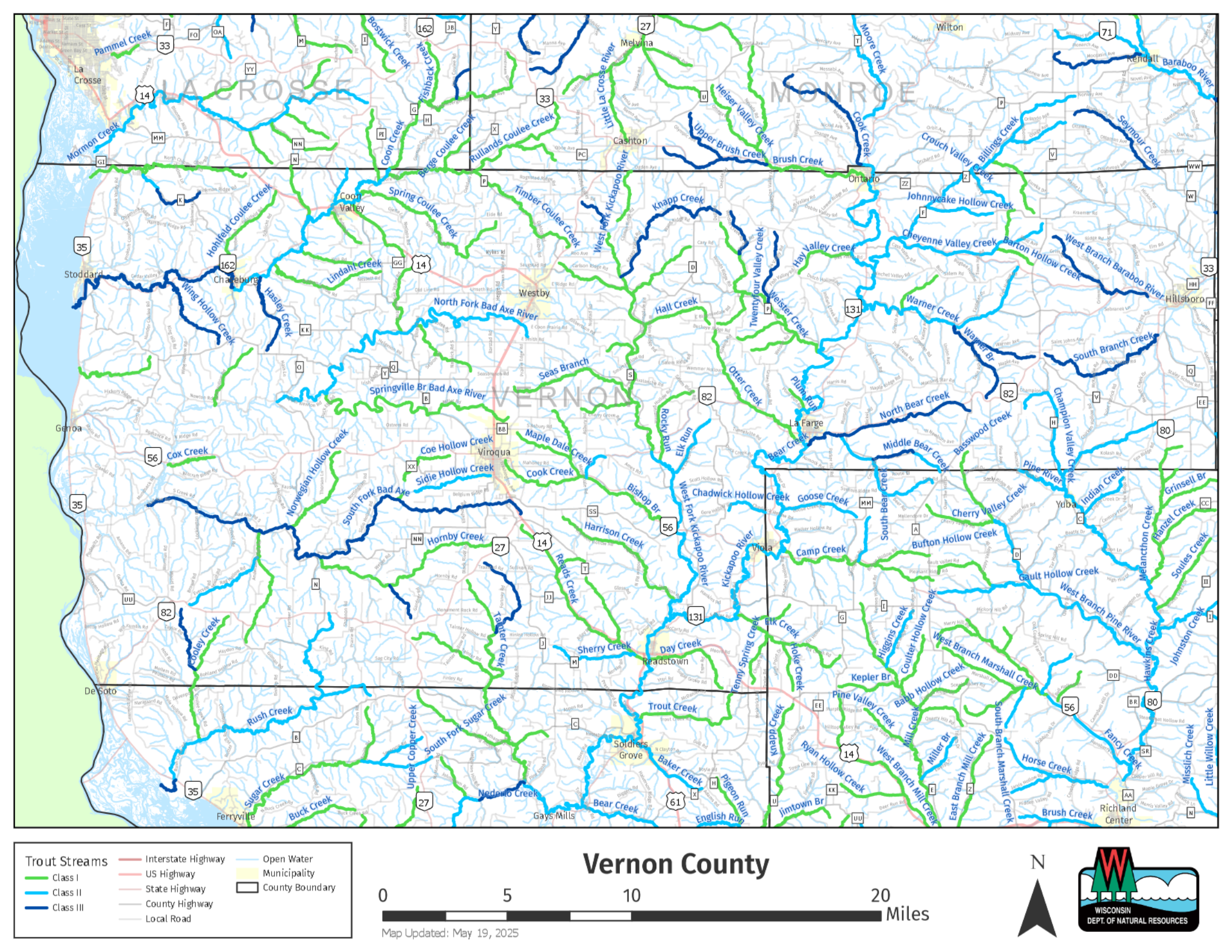 WDNR Vernon County trout stream classification map showing Class I, II, and III streams